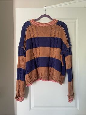 Altar'd State Brown and Navy Striped Cable Knit Sweater with Pink Trim